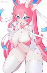 2024 absurd_res anthro big_breasts blue_eyes blush bodily_fluids breasts clothing digital_drawing_(artwork) digital_media_(artwork) eeveelution female fur generation_6_pokemon genital_fluids genitals hair hi_res legwear long_hair looking_at_viewer milk nintendo nipples pink_hair pokemon pokemon_(species) pussy re1akko solo sylveon vaginal_fluids white_body white_fur