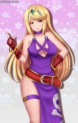 1girls belt blonde_hair bonne_jenet bonne_jenet_(cosplay) bracelets breasts choker cosplay dress fingerless_gloves gloves king_of_fighters large_breasts long_hair looking_at_viewer mythra nintendo patdarux purple_dress snk source_request thigh_strap tiara xenoblade_(series) xenoblade_chronicles_2 yellow_eyes