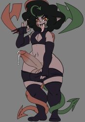 1femboy alluring arrow_(symbol) black_hair caught_staring dark-skinned_femboy dark-skinned_male exibitionism exposing_penis handjob_gesture head_wings inviting_to_sex long_tongue looking_at_viewer loop_(golden_weeb) milkbone multiple_tails poofy_hair sticking_out_tongue talking_to_viewer two_tails