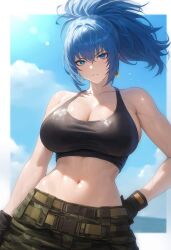 1girls ai_generated belt big_breasts blue_eyes blue_hair clouds earrings female gloves king_of_fighters leona_heidern light_skin looking_at_viewer looking_down military_clothing military_uniform sunlight sweat sweating tank_top wet