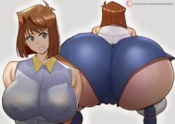 1girls ass ass_focus blue_eyes brown_hair doublehero fat_ass female_only huge_ass large_breasts short_hair solo tea_gardner yu-gi-oh!