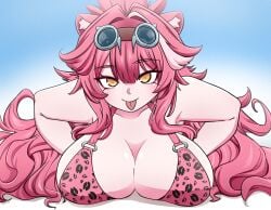 :p bikini blush bust from_front half-closed_eyes hololive hololive_english huge_breasts implied_paizuri leopard_print muugumemo raora_panthera suggestive_gesture virtual_youtuber