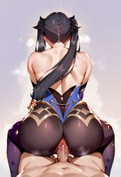 1boy 1girls ai_generated back bare_shoulders big_ass curvy from_behind genshin_impact mona_(genshin_impact) penis pov pussy reverse_cowgirl_position sex shenhewe simple_background solo_focus topless twintails vaginal_penetration veiny_penis