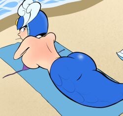 arty_renegate ass back_view backboob beach big_ass laying_on_stomach looking_back mega_man splash_woman sunburn tagme