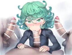 1girls 3boys :>= balls big_penis blowbang blowjob blowjob_face cum cum_in_mouth cum_leaking_out_of_mouth female foreskin green_eyes green_hair mogudan mouth_full_of_cock mouth_full_of_cum precum pubic_hair slut surprised tatsumaki