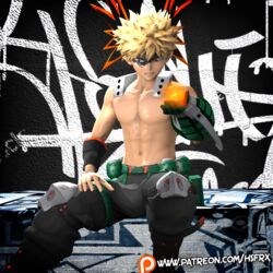 1boy abs hsfrx katsuki_bakugou light-skinned_male light_skin male_focus male_only my_hero_academia no_nipples pants patreon sitting solo text topless url watermark