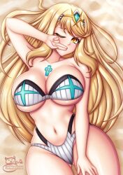 1girls beach bikini blonde_hair breasts core_crystal large_breasts long_hair looking_at_viewer midriff mythra navel nintendo sand sevie seviesphere swimsuit tiara white_bikini white_swimsuit xenoblade_(series) xenoblade_chronicles_2 yellow_eyes