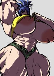 1girls abs biceps big_breasts blue_eyes blue_hair female giant giant_breasts giant_nipples hyper hyper_muscles king_of_fighters leona_heidern muscular muscular_female shorts tank_top thighs