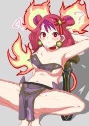 1girl ? animal_ears animal_tail ass_visible_through_thighs bells duel_monster ha-re_the_sword_mikanko hands_behind_head nipples nipples_visible_through_clothing pussy_visible_through_clothes red_eyes red_hair see-through_clothing sword tagme_(artist) twintails two_tone_hair vulva yu-gi-oh!