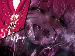 black_sclera blush colored_sclera commentary commentary_request cum dark_skin english_text female heavy_breathing highres incoming_kiss internal_cumshot monster_girl_dreams open_mouth penis pink_hair pussy rabbit_girl rando0501mark2 saliva sex tongue tongue_out variant_set venefica_(monster_girl_dreams) yellow_eyes