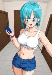 ai_generated big_breasts blue_eyes blue_hair bob_cut bulma_briefs bulma_briefs_(frieza_saga) civitai denim_shorts dragon_ball dragon_ball_z holding_object holding_phone large_breasts object_in_hand selfie selfie_pose shirt shorts smartphone smile straight_hair