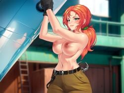 1girls areolae belly big_breasts breasts female female_focus female_only game_cg green_eyes light_skin navel nipples nude nude_female nutaku orange_hair pants ruby_(sexy_beaches) sexy_beaches shiny_skin solo tagme