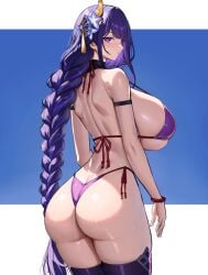 1girls alternate_breast_size ass bikini booty breasts dat_ass female genshin_impact hi_res huge_ass huge_breasts light-skinned_female light_skin long_hair naughty_face purple_eyes purple_hair raiden_shogun wolffeld_price