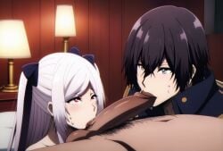 2boys ai_generated alexia_midgar bisexual black_eyes blowjob cid_kagenou dark_hair faceless_male fellatio gay hair hair_ribbon ikntlive kage_no_jitsuryokusha_ni_naritakute! red_eyes sharing_penis sidelocks the_eminence_in_shadow very_long_hair white_hair yaoi