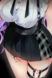 absurdres black_background black_skirt breasts curly_hair head_out_of_frame high-waist_skirt highres holoforce hololive hololive_japan large_breasts leg_tattoo long_hair niku_(hamuchang) purple_hair shirt shirt_tucked_in skirt sweat tattoo thick_thighs thigh_strap thighs tokoyami_towa virtual_youtuber white_shirt