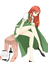 bare_legs clothed_female_nude_male crossed_legs cum femdom hong_meiling malesub milking neriaisu no_panties red_hair reverse_bullying semen sitting_on_person smile touhou white_background