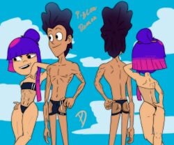 1boy 1girls aged_up asian asian_female bikini female female_focus friends glitch_techs hector_nieves inverted_costume japanese japanese_female latino latino_male latino_on_asian male male_focus male_swimwear miko_kubota netflix nickelodeon pigeon_demon swimsuit swimwear