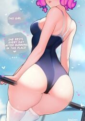 1girls ass big_ass big_thighs breasts curvaceous curves curvy curvy_body curvy_female curvy_figure dialogue female female_focus female_only huge_ass huge_thighs ikkimay light-skinned_female maeve_(paladins) paladins pink_hair short_hair small_breasts solo swimsuit tagme text thick_hips thick_thighs thighs