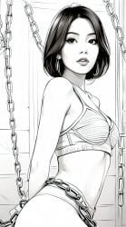 ai_generated black_and_white bondage bra chained chains female female_focus female_only looking_at_viewer manga_style milf prison prisoner short_hair short_hair_female