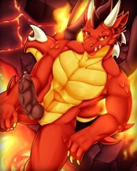 absurd_res aktiloth animal_genitalia anthro bodily_fluids bottomless bottomless_anthro bottomless_male claws clothed clothing dragon dragon_city erection facial_horn fire flame_dragon_(dragon_city) flaming_wings genital_fluids genital_slit genitals habitat hair hi_res horn knot knotted_penis lava lava_bath lava_pool looking_at_viewer male male_focus male_only mythological_creature mythological_scalie mythology nude nude_anthro pecs penis precum precum_on_penis red_body red_scales rock scales scalie shirtless shirtless_anthro shirtless_male sitting sitting_on_ground teeth topless topless_anthro topless_male wings