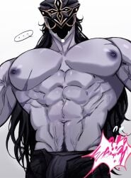 abs big_pecs black_hair capitano_(genshin_impact) genshin_impact happy_trail kinzlev large_pectorals long_hair male male_focus male_only muscular muscular_male nipples pants pecs pectorals shirtless shirtless_male solo solo_male