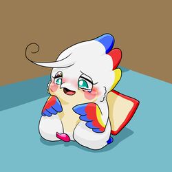 1:1 anthro blue_eyes blue_feathers blush bodily_fluids cocotama crying embarrassed feathers featureless_limbs himitsu_no_cocotama male mammal multicolored_feathers mush_mukunnu penis red_feathers solo tears white_feathers yellow_feathers 九尾