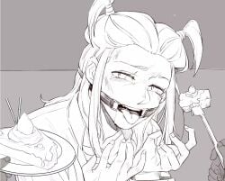 1boy 1femboy bdsm cake feeding femboy gag gagged gyakuten_saiban male_only mouth_gag ring_gag simeon_saint slave trap