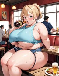 ai_generated alcohol beer blonde_hair drinking fat food ill-fitting_clothes obese restaurant skindentation sweat thick_thighs tight_clothing underboob