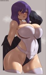 bare_shoulders blush breasts brown_eyes collarbone female freddyhalloween ghost_in_the_shell highres kusanagi_motoko lips looking_at_viewer purple_background purple_hair short_hair solo standing thick_thighs thighs undressing wide_hips