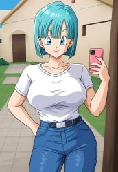 ai_generated big_breasts blue_eyes blue_hair bob_cut bulma_briefs bulma_briefs_(frieza_saga) civitai dragon_ball dragon_ball_z holding_object holding_phone jeans large_breasts object_in_hand selfie selfie_pose shirt smartphone smile straight_hair white_shirt