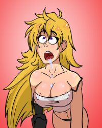 1girls areolae areolae_peeking black--wave black_panties blonde_hair breasts cheating cleavage drool drooling female_only femsub leaning_forward light_skin long_hair open_mouth panties prosthetic_limb purple_eyes rwby saliva underwear yang_xiao_long