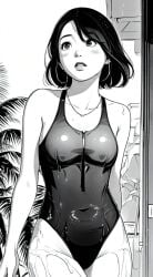 black_and_white cum cum_in_body cum_in_breasts cum_on_legs drenched_in_cum earrings female female_focus female_only hot_milf manga_style milf short_hair swimsuit