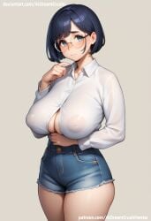 1girls ai_generated aidreamcrush areolae_visible_through_clothing bangs blue_eyes blue_hair breasts cleavage cute cutoff_shorts cutoffs dark_blue_hair female glasses inverted_nipples nipples nipples_visible_through_clothing solo solo_female standing thighs