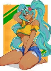 1girls artist_request ass big_ass big_thighs bikini blue_eyes brazil brazilian brazilian_female brazilian_miku breasts butt cyan_eyes cyan_hair female female_only glass green_hair hatsune_miku huge_ass huge_thighs latin_american_hatsune_miku_(meme) long_hair looking_at_viewer medium_breasts minishorts miniskirt shirt shorts sitting smiling solo tagme tan tan_body tanline tanlines thick_hips thick_thighs thighs thong twintails underboob vocaloid yellow_shirt