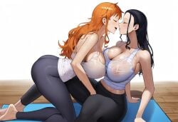 2girls ai_generated big_ass big_breasts big_butt blush blushing_female blushing_profusely breast_to_breast breasts_touching bubble_ass bubble_butt cleavage deep_cleavage dripping female female_only from_side gym_uniform huge_ass huge_breasts kissing large_breasts leaning_forward looking_at_viewer massive_breasts nami nami_(one_piece) narrow_waist naughty_face nico_robin nipples nipples_visible_through_clothing one_piece realistic revealing_clothes seductive seductive_eyes seductive_look seductive_smile self_upload sweatdrop sweating sweaty sweaty_body sweaty_breasts sweaty_butt sweaty_clothes thick_nipples thick_thighs wet wide_hips yeetyboi5000 yoga yoga_mat yoga_pants yuri