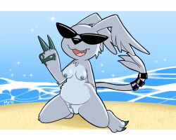 anthro bandai_namco beach breasts claws digimon digimon_(species) el_senor_erizo eyewear female gazimon genitals gesture hand_gesture hi_res kneeling nipples open_mouth smile solo spread_legs spreading sunglasses tail v_sign water