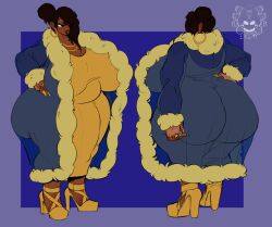 1futa artist_signature blue_robe brown_eyes bulge_through_clothing clothed_futanari creature_lewds dark-skinned_futanari dark_lips dark_skin fluffy_clothing gold_dress hair_bun high_heels hoop_earrings huge_breasts huge_cock huge_penis jewelry painted_nails reference_image rosario_(gweeby_art) see-through_clothing thick_lips