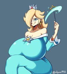 1girls artist_name bare_shoulders blonde_hair blue_background blue_dress blue_eyes breasts clavicle cleavage collar_bone crossed_legs crown cyan_dress dress earrings gigantic_breasts hair_over_one_eye hyper_breasts jewelry legs_crossed magic mario_(series) mralguienynadie nintendo nude_request off_shoulder princess princess_rosalina simple_background sitting smile smirk smug super_mario_galaxy thick_thighs thighs voluptuous wand wide_sleeves