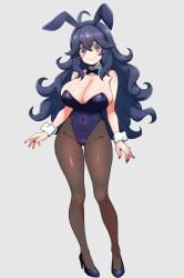 @_@ alternate_breast_size alternate_costume breasts bunnysuit creatures_(company) curvy female game_freak gluteal_fold hex_maniac highleg highleg_leotard highres kamidan large_breasts leotard long_hair looking_at_viewer messy_hair nintendo pantyhose playboy_bunny pokemon pokemon_xy purple_eyes purple_hair sagging_breasts simple_background smile very_long_hair wide_hips