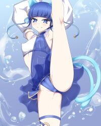 ass blue_eyes blue_hair cat_ears cat_tail clothed danpu duel_monster i-pose lifting_leg ni-ni_the_mirror_mikanko nipples_bulge tight_clothing two_tails vulva_line yu-gi-oh!