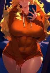 1girls abs ai_generated bedroom_background big_breasts blonde_hair face_hidden female female_focus holding_phone hoodie long_hair mirror_reflection mirror_selfie pulling_clothing rwby self_upload selfie smile solo solo_female taking_picture thick_thighs yang_xiao_long