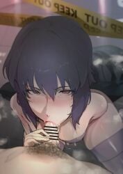 1girls amirun fellatio ghost_in_the_shell kusanagi_motoko looking_at_viewer penis pov_blowjob pov_crotch purple_hair red_eyes solo