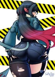 ass big_ass black_hair blue_eyes bubble_butt dyed_hair female fingerless_gloves jane_doe_(zenless_zone_zero) ripped_clothing ripped_pants saltyslice zenless_zone_zero