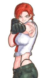 big_butt brown_eyes female gloves king_of_fighters light_skin pants red_eyes red_hair shirt short_hair skinny_waist tie vanessa_(kof) white_shirt