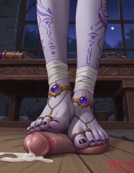 ai_generated cum elf feet femdom footjob moon nyxworks painted_nails painted_toenails penis stepping_on_genitals stepping_on_penis toes world_of_warcraft xal'atath