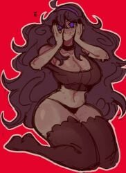 1girls @_@ black_legwear black_nails black_panties hex_maniac no_sex plain_background pokemon purple_eyes purple_hair purple_hairband red_background sweat wholesome widisu