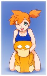 1boy 1girls 2022 barefoot blush bracelet breasts_on_head cleavage full_body hand_on_neck hug_from_behind kasumi_(pokemon) looking_at_viewer nintendo one_eye_closed one_piece_swimsuit open_mouth pinup pokemon pokemon_(species) pokemon_rgby ponytail portrait psyduck scorpdk signature smiling smiling_at_viewer teeth thighs wink winking_at_viewer