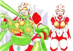 alien alien_girl alien_humanoid artist_request before_and_after building female female_focus giant giant_ass giant_breasts giantess instant_loss large_breasts milking original original_character sucking sucking_nipples tentacle tentacle thick_ass thick_thighs ultraman_(franchise)