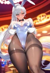 1girls ai_generated bunny_ears bunnysuit cameltoe casino cuffs daquavius_pork_pay earrings female female_focus gloves leotard looking_up medium_breasts pantyhose ponytail pulling_clothing rwby self_upload shiny_clothes solo solo_female thick_thighs tight_clothing weiss_schnee white_hair