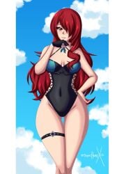 1girls black_one-piece_swimsuit black_swimsuit breasts clouds hair_over_one_eye hand_on_hip large_breasts long_hair looking_at_viewer mitsuru_kirijo one-piece_swimsuit outside persona persona_3 red_eyes red_hair single_glove sky sonicheroxd swimsuit thigh_gap thigh_strap